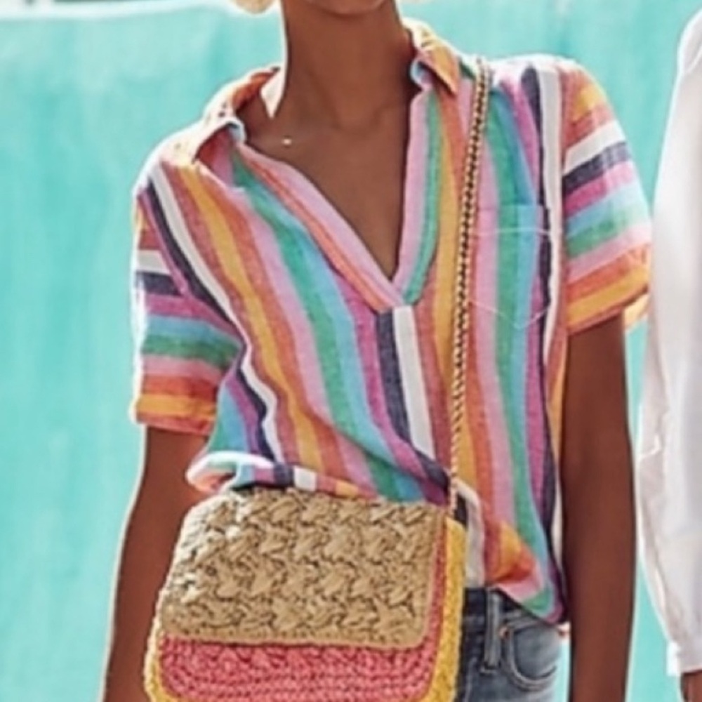 J. Crew Colorful Striped Short Sleeve V-Neck Collared Shirt XS